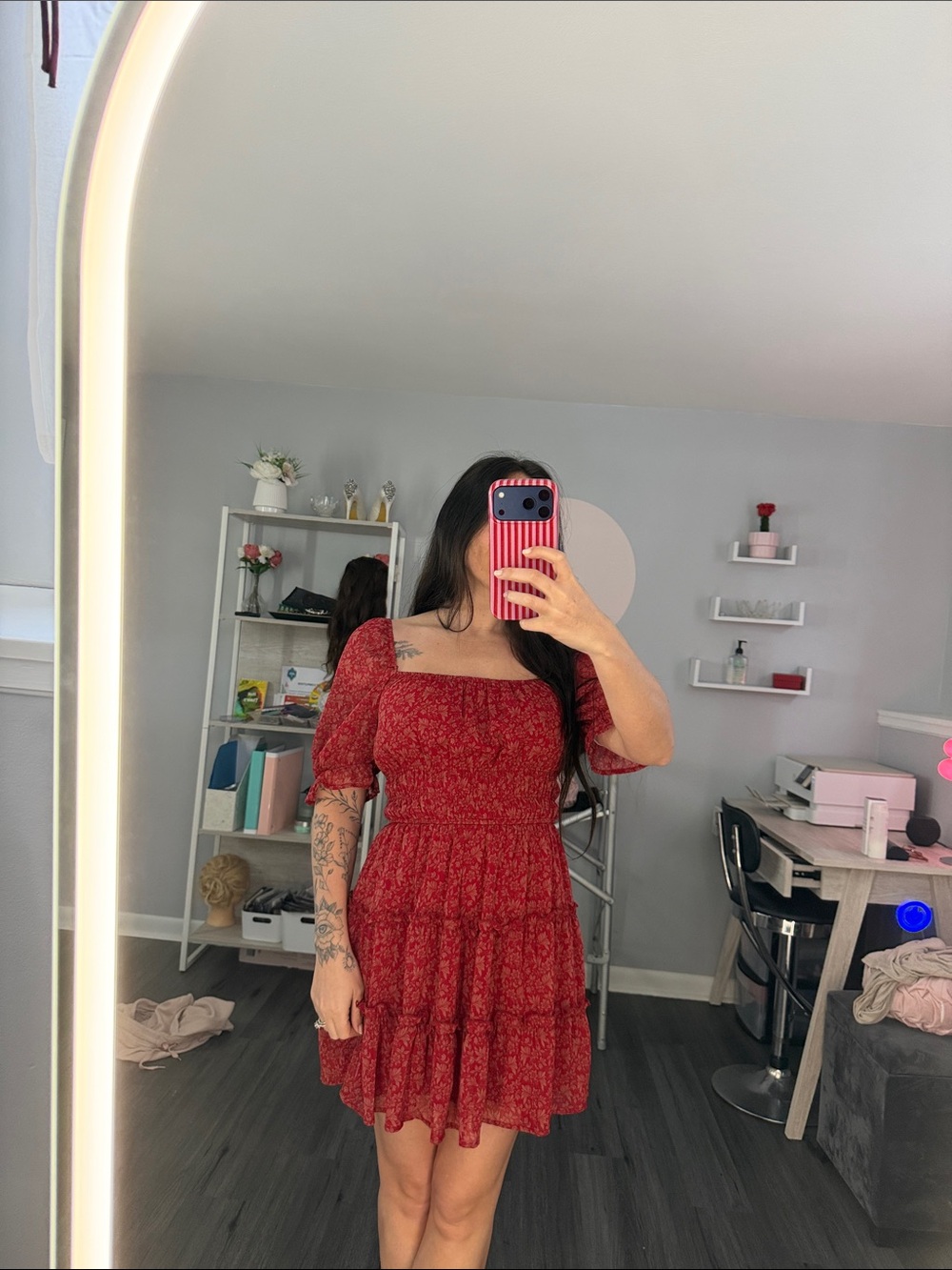 Altar'd State Red Floral Puff Sleeve Tiered Mini Dress